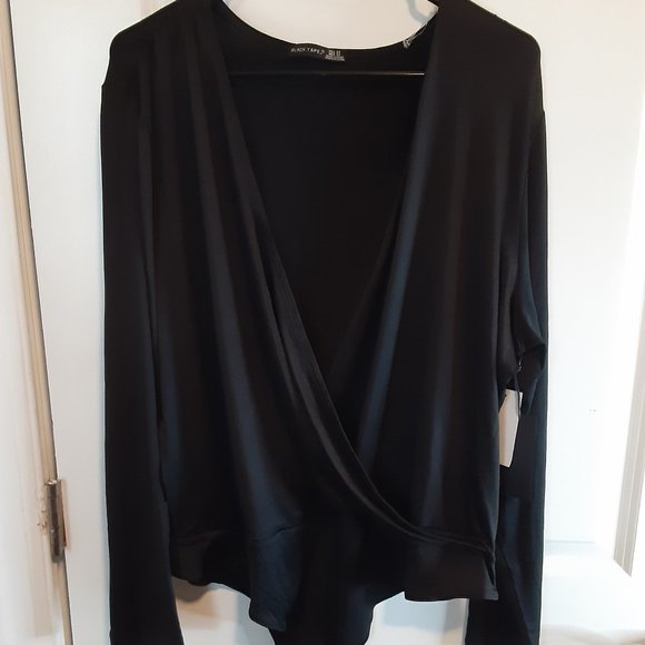 BLACK TAPE Women's Black Stretch Faux Wrap Style Long Sleeve Bodysuit - Picture 4 of 11